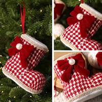 2026 Mini chaussette de Noël pied-de-poule avec nœud en velours et perle, pendentif botte à suspendre, décoration pour sapin de Noël et maison de fêtes