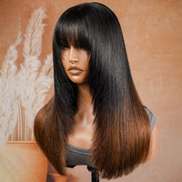 Perruque Bob en cheveux humains vietnamiens sans colle avec frange, coupe droite, ombré marron, perruque Lace Front pour femmes, qui flattere le visage