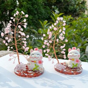 Figurine florale Maneki Neko avec base en quartz rose, arbre en cristal, décoration d'intérieur, ornement Feng Shui - Product Image 2