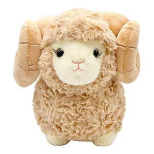 Peluche réaliste de mouton bouclé brun clair avec de grandes cornes, jouet en peluche doux et moelleux, mignon cadeau pour enfants de tous âges - Product Image 1
