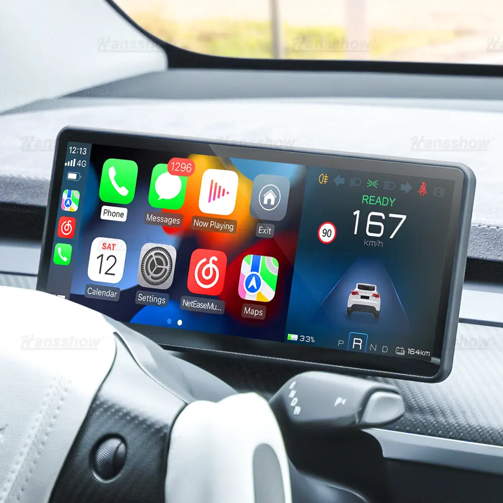 Hansshow รุ่น3 /y จอแสดงผล LCD แดชบอร์ดแบบสัมผัสสำหรับ Tesla Apple CarPlay แอนดรอยด์ระบบนำทาง GPS อัตโนมัติ