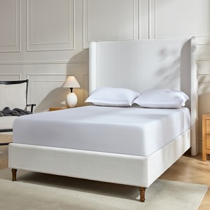 54" Tall Modern Hotel Upholstered Bed Frame Rice White Chenille Queen Wingback Headboard Solid Wood Legs Metal Frame Support - Product Image 2