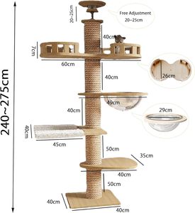 Pohon Kucing dari Lantai hingga Langit-langit - Tinggi Dapat Disesuaikan (95-98 inci, 104,3-108,2 inci) - dengan Tiang Garukan Lebar 4,33 inci, Hammock Kucing Terbungkus - Product Image 6