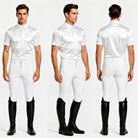 Polo d'équitation blanc en satin pour homme, col boutonné, patte de boutonnage cachée, manches courtes, anti-humidité, respirant, léger, pour concours
