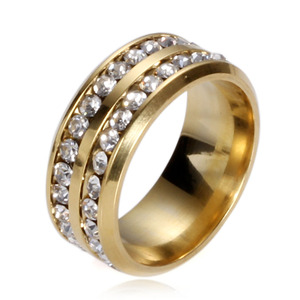 Bague en acier noir et or 6 mm à double rangée de diamants, taille brillant rond, bijou unisexe pour usage quotidien - Product Image 4