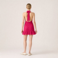 Robe mini en dentelle pour femme, style licou, sans manches, dos nu, ourlet à volants, pour soirée d'été