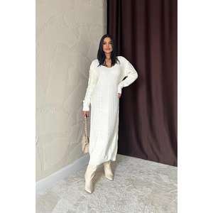 Robe en tricot blanche à col en V, taille ample, manches longues, style décontracté pour tous les jours, tissu lavable - Product Image 3