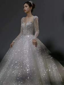 <span class=keywords><strong>Robe</strong></span> de <span class=keywords><strong>mariée</strong></span> NDB10913, col en V, robes scintillantes, <span class=keywords><strong>robe</strong></span> de <span class=keywords><strong>mariée</strong></span> française à manches longues, dentelle scintillante avec traîne - Product Image 3