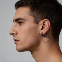 Clous d'oreilles unisexes en forme de croix ailée avec longue chaîne, en acier 316L, bijoux alternatifs pour motards, pour hommes, style streetwear quotidien