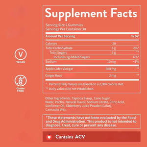 Gummies au vinaigre de cidre de pomme très populaires 500mg avec extrait de gingembre pour soutenir la digestion et favoriser l'amincissement chez les adultes – Gummies ACV - Product Image 2