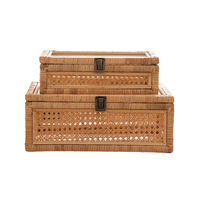 Panier de rangement en rotin fait main, couvercle transparent, boîte de rangement rectangulaire pour bureau, panier de présentation pour la maison, vente en gros de marchandises