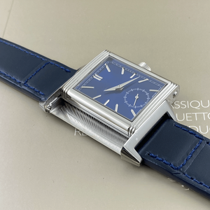 Montre mécanique rectangulaire Art Déco, boîtier en acier poli, cadran bleu, bracelet en cuir véritable, petite seconde, complication - Product Image 6