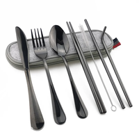 Argenterie réutilisable avec paille en métal cuillère fourchette baguettes et étui portable ensemble de couverts pour voyage camping 7 pièces ensemble de couverts