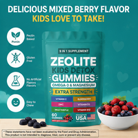 Compléments alimentaires en gommes de zéolite pour enfants 9 en 1, saveur de fruits rouges mélangés avec oméga 3, magnésium, vitamine C, zinc, 60 unités, sachet refermable