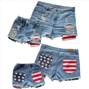 RTS 4. Juli Patriotische Mama und Ich Jean-Shorts zerrissene hohe Taille Kinder Baby beschädigt Tasche Mikro-Shorts Denim