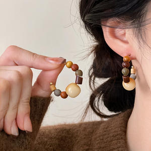 Wholesale Vintage Wooden <b>Stud</b> <b>Earrings</b> Handmade Jewelry <b>Silver</b> Needle C-shaped Wood Beaded <b>Earrings</b> for Women - Product Image 3