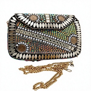 Handmade Beaded Flap <b>Evening</b> <b>Bag</b> with <b>Gold</b> Coin Detail and Detachable Chain Strap - Product Image 1