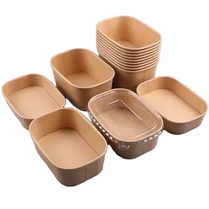 Rectangle Food containers Soup Bowls Supplies Restaurant packing square disposable kraft paper Lunch salad bowl with PP lid