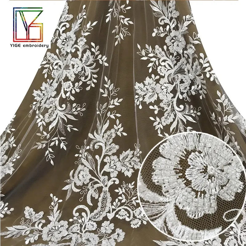 Fashion Grosir Gaun Kain Bordir Payet Payet Rajutan Renda Manik-manik Mewah Warna Putih