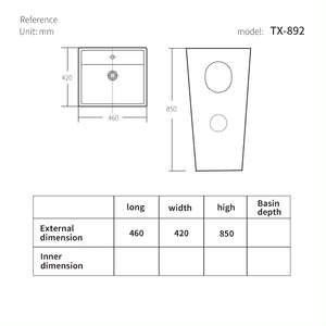 Set Lavabo a Colonna e WC con Scarico a Pavimento, Corpo Quadrato con Faccia Lunga Diagonale per Bagni Piccoli e Hotel - Product Image 6