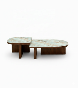 MidCentury Set of 2 Coffee <b>Table</b> with Stone <b>top</b> and Solid <b>Wood</b> base <b>for</b> Living room Hotels bar restaurants and villa - Product Image 4