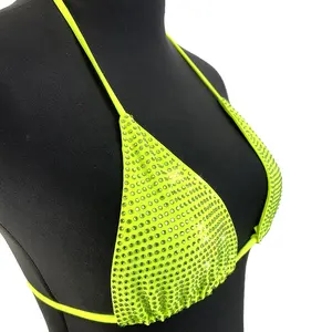 Persediaan pabrik S573 pakaian renang berlian imitasi penuh dua potong Bikini seksi Neon hijau kristal pakaian renang untuk anak perempuan