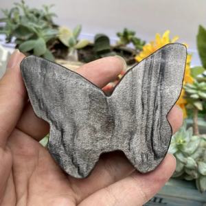 ขายส่งหัวกะโหลกผีเสื้อแกะสลักด้วยมือจากหินออบซิเดียนสีเงินทองธรรมชาติ  งานแกะสลักหัวกะโหลกผีเสื้อแบบแบนจากหินออบซิเดียน เหมาะสำหรับเป็นของขวัญ - Product Image 3