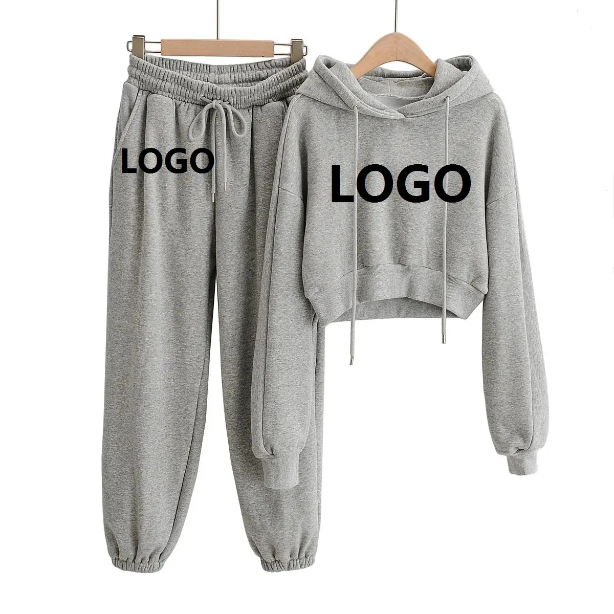 Girls thick long sleeve hooded crop top jogger hoodies two piece set women clothing