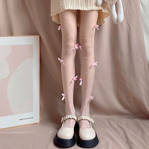White Bow Sheer Pantyhose 0D Ultra Thin Women Summer Spring Autumn Japanese Style Pearl Design - Product Image 3