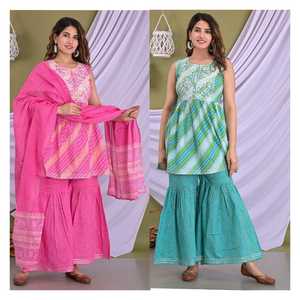 Conjunto de Top y Sharara de Algodón Estampado y Bordado Listo para Usar a Precio de Mayoreo de la India, Traje Étnico de Diseñador para Mujer - Product Image 3