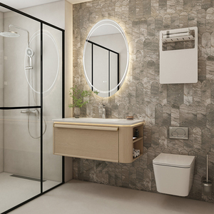 Meuble de salle de bain moderne étanche en bois massif et contreplaqué, vasques flottantes avec éclairage à détecteur de mouvement - Product Image 2