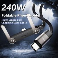Nuevo Diseño, Cable Trenzado de Nailon Tipo-C 2 en 1 de 5 Pies y 240 W con Carga Rápida, Soporte para Teléfono, Codo de 90 Grados, Rotación de 360 Grados, Multiángulo, Compatible