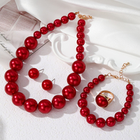 KISSWIFE Ensemble de 4 pièces pour femmes, collier de perles blanches, roses, rouges, boucles d'oreilles, bracelet, bague, ensemble de bijoux de fête de mariage pour femmes