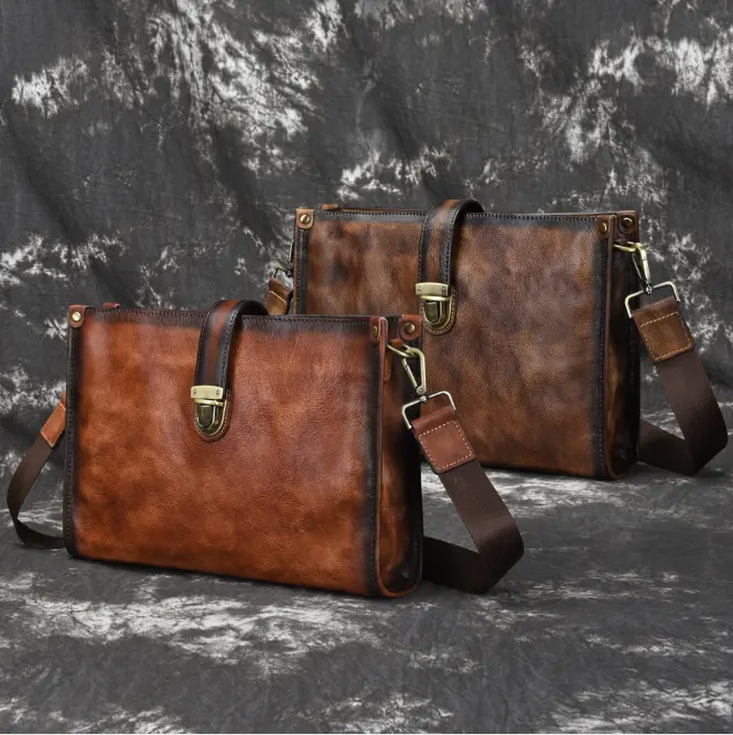 Highend New Vintage Coffee Brown Genuine Leather Office Men's Briefcase for Shoulder Messenger Bag Portfolio