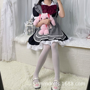 Japanese Anime Maid Cosplay Costume Lolita Dress Women Adult Black White Checkered With <b>Red</b> <b>Bow</b> Skirt Outfit - Product Image 4