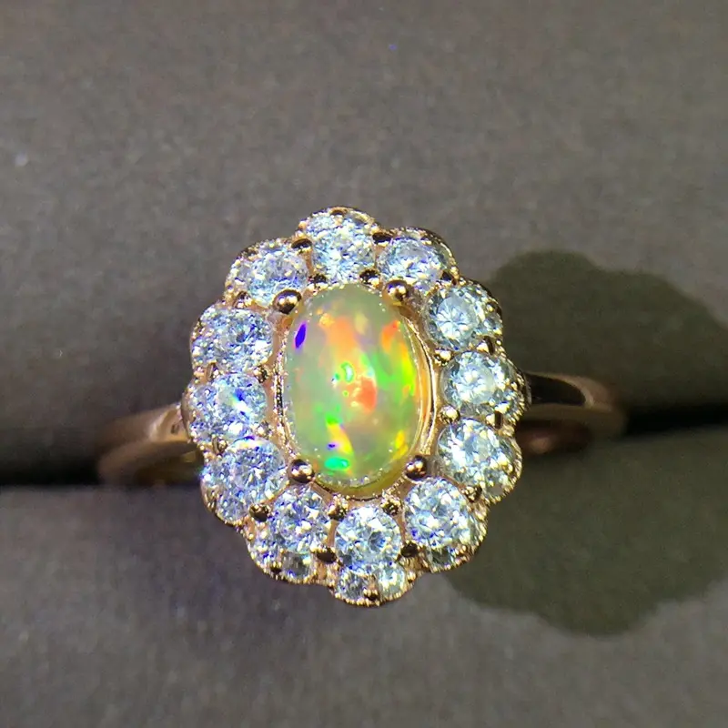 Australia batu Opal alami 925 perak murni cincin wanita 5*7mm Terbuka 18k batu permata berlapis emas api Opal perhiasan cincin Opal
