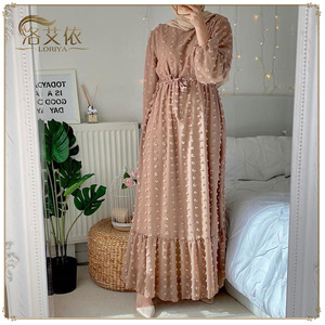 Vestido largo maxi 3D con pompones para mujer, cuello redondo, manga larga, estilo musulmán, Dubái, Turquía, Qatar, Omán, ropa árabe - Product Image 4