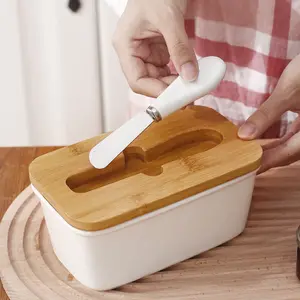 निर्माता कस्टम बड़े आयत मक्खन बॉक्स मक्खन कंटेनर कीपर बांस ढक्कन के साथ चीनी मिट्टी मक्खन पकवान