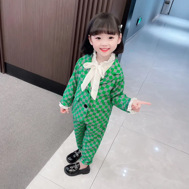 Kids Clothing Sets Children For Girls Body Suit Clothes For Kids Girls 1-7y Old Green Plaid Turn Collar Western-style Clothes