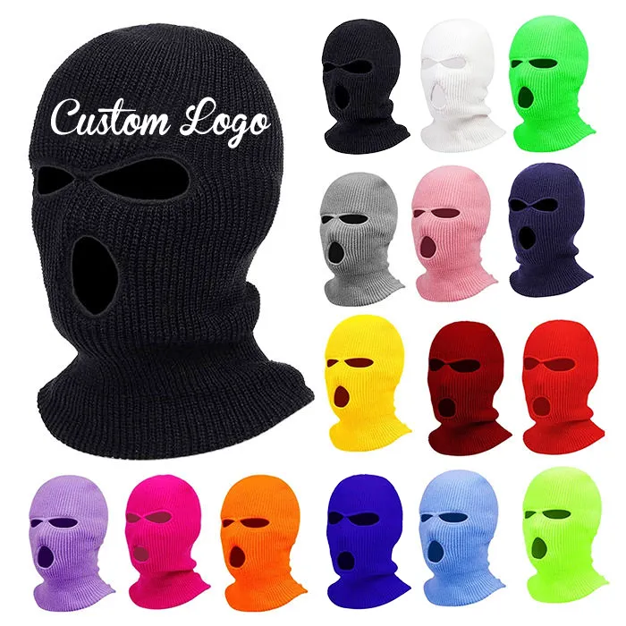Unisex solid color acrylic Warm Winter Knitted ski mask Full Face Covered Windproof Cycling Balaclava 3 Holes Knitted Ski Mask
