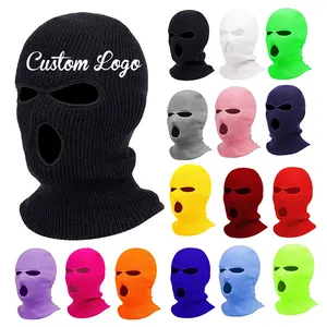 Unisex Warna Solid Akrilik Hangat Musim Dingin Masker Ski Rajutan Wajah Penuh Tertutup Tahan Angin Bersepeda Balaclava 3 Lubang Masker Ski Rajutan