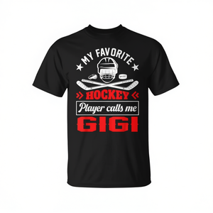 Camiseta negra unisex para adultos con cuello redondo y manga corta de la marca My Favorite Hockey Player Calls Me Gigi - Product Image 3