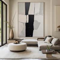 Grande Décoration Murale Bohème Texturée Wabi Sabi, Peinture à l'Huile Abstraite Minimaliste Faite Main, Tons Neutres Beige et Noir pour Décoration de Salon