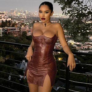 sexy leather clothes Summer two piece dress Set with Strapless Crop Top and Mini Skirt - Casual PU Suit for Women main image 0