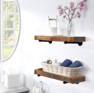 מדף קיר צף מעץ מלא בסגנון כפרי תעשייתי עם תושבות צינורות, נירוסטה, רב תכליתי לאחסון בחדר אמבטיה - Product Image 3