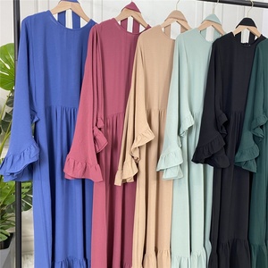 6530# <b>Summer</b> Premium Quality Crew Neck Wrinkle Crepe Sage Long Sleeve Islamic Women Maxi Dresses Include Belt 5 Colors - Product Image 6
