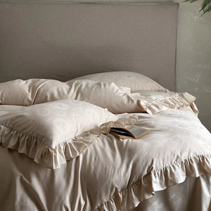 Bơ mềm rửa bông <span class=keywords><strong>Jacquard</strong></span> Mô hình bộ đồ giường đặt ren chi tiết Duvet cover phẳng tấm ga trải giường gối Quilt thiết kế nhà máy 400TC - Product Image 5