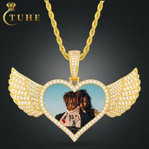 Sublimation Jewelry Bling 50mm Gold Plated Brass AAAAA CZ Diamond Iced Out Heart Wing Custom Photo Pendant Picture Necklace