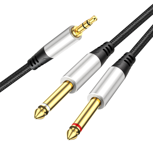 3.5mm 1/8 in RCA Male to Dual 6.35mm 1/4 in TS Male Coaxial Plated Mono Stereo Y-Cable Splitter for Amplifier and Speakers