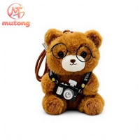 En gros, porte-clés ours en peluche mignon avec lunettes et mini-caméra, pendentif doux et moelleux pour sac à dos